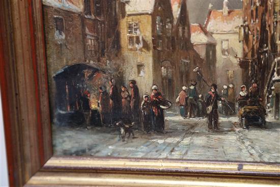 Petrus Gerardus Vertin (1819-1893) Wintery French street scene with figures 9.25 x 7.5in.